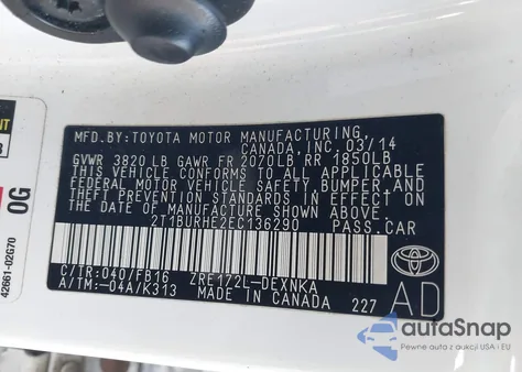 2014 Toyota Corolla Le Plus from USA, damaged, VIN 2T1BURHE2EC136290